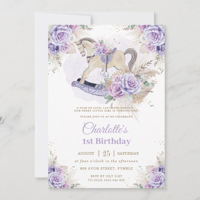 Invitation Pampas Grass violet Floral Rocse Horse Anniversair (Devant)