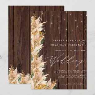 Invitation Pampas Grass Wood Twinkles lumières Boho Mariage