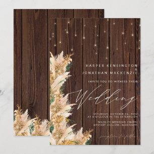 Invitation Pampas Grass Wood Twinkles lumières Boho Mariage