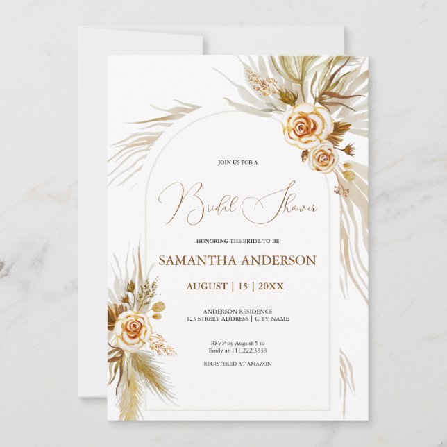 Invitation Pampas herbe aquarelle boho élégante Fête des mari (Devant)