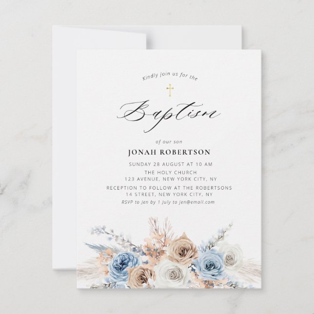 Invitation pampas herbe bleu poussiéreux fleurs baptême (Devant)