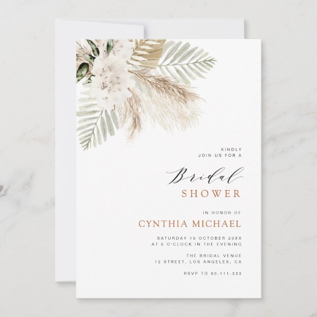 Invitation pampas herbe boho verdure nuptiale douche (Devant)