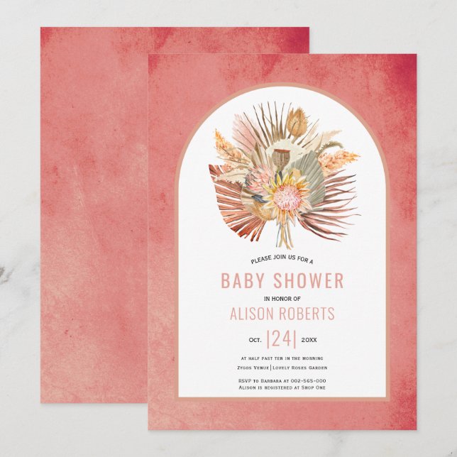 Invitation Pampas herbe et palm rose fille baby shower (Devant / Derrière)
