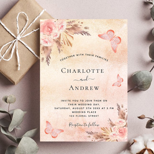 Invitation Pampas herbe rose or papillon boho mariage (Créateur téléchargé)