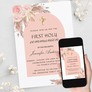 Invitation Pampas herbe rose rougir première communion sainte