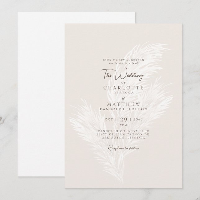 Invitation Pampas neutre mariée moderne Muté Mariage parent (Devant / Derrière)