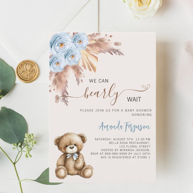 Invitation Pampas ours en teddy floral bleu garçon baby showe (Créateur téléchargé)