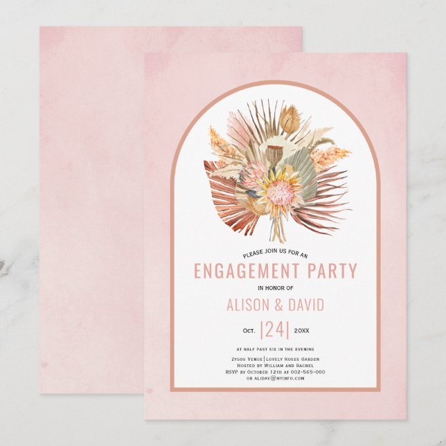 Invitation Pampas pelouse et palmier doux rose fiançailles (Devant / Derrière)