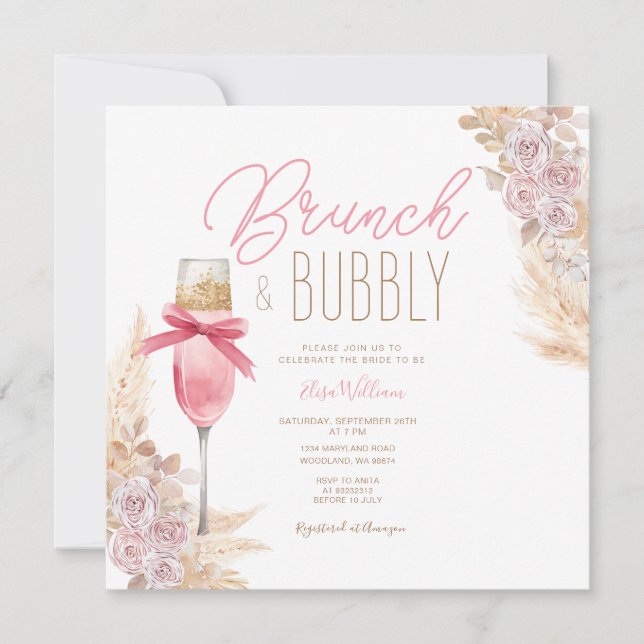 Invitation Pampas Pink Bow Brunch & Bubbly Fête des mariées (Devant)
