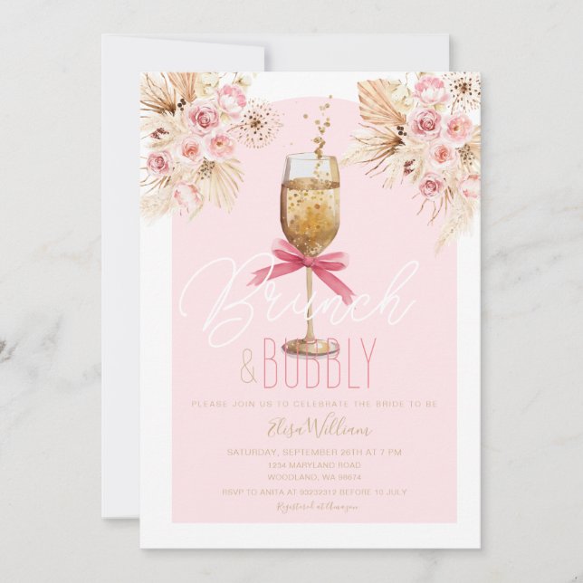 Invitation Pampas rose Brunch & Fête des mariées Bubbly (Devant)