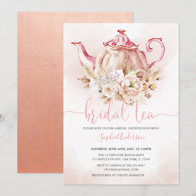 Invitation Pampas Rose Doux Fête des mariées de thé à l'herbe (Devant / Derrière)
