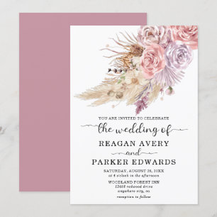 Invitation Pampas Rose en laiton et Mariage pourpre