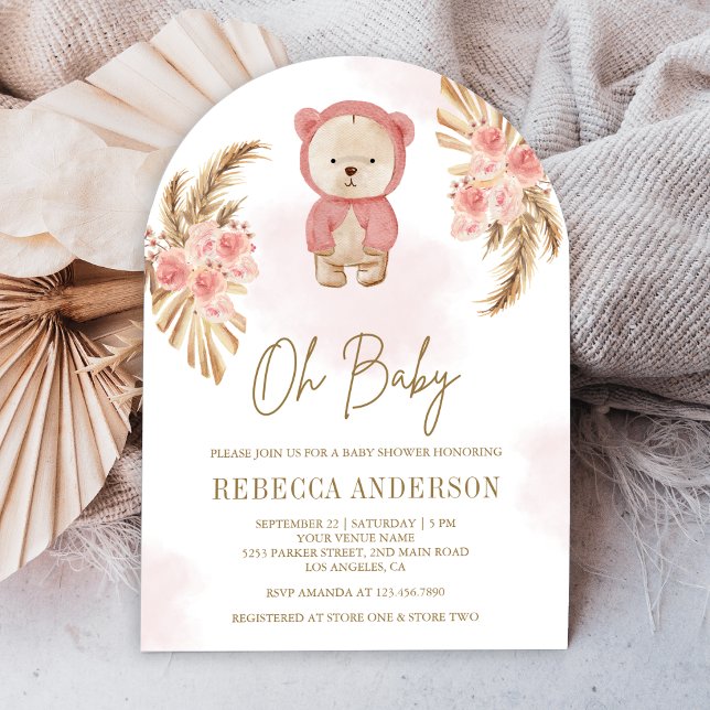 Invitation Pampas rose Floral Baby shower d'arche d'ours en p (Créateur téléchargé)