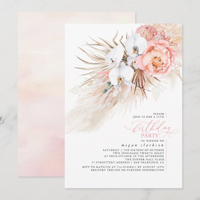 Invitation Pampas rose Floral Grass fête d'anniversaire (Devant / Derrière)