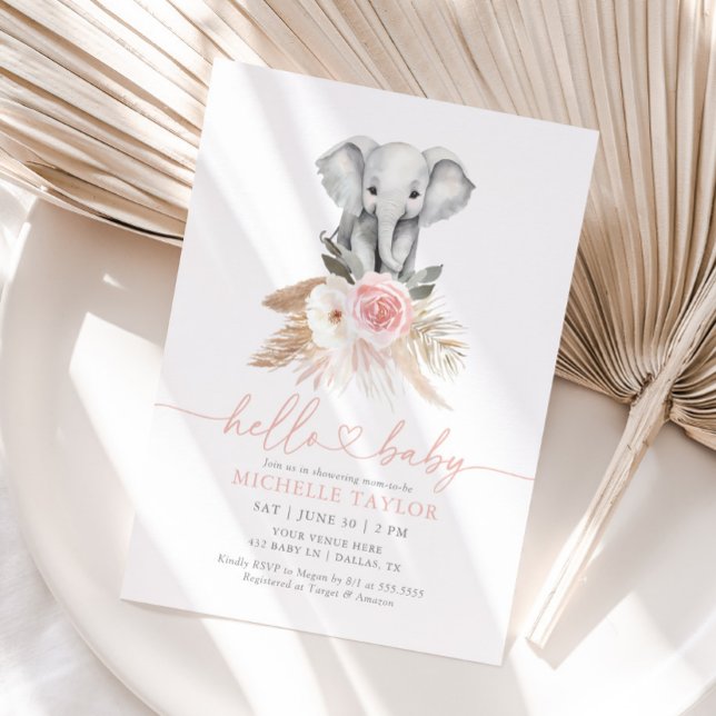 Invitation Pampas rose Floral Grass Girl Elephant Baby shower (Créateur téléchargé)