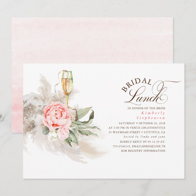 Invitation Pampas Rose Floral Grass Green Déjeuner nuptial (Devant / Derrière)