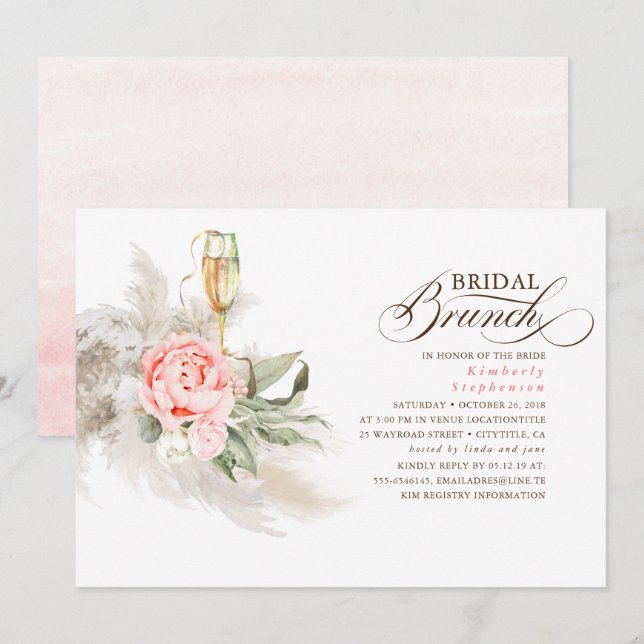 Invitation Pampas rose Floral Grass Greenery Brunch nuptial (Devant / Derrière)