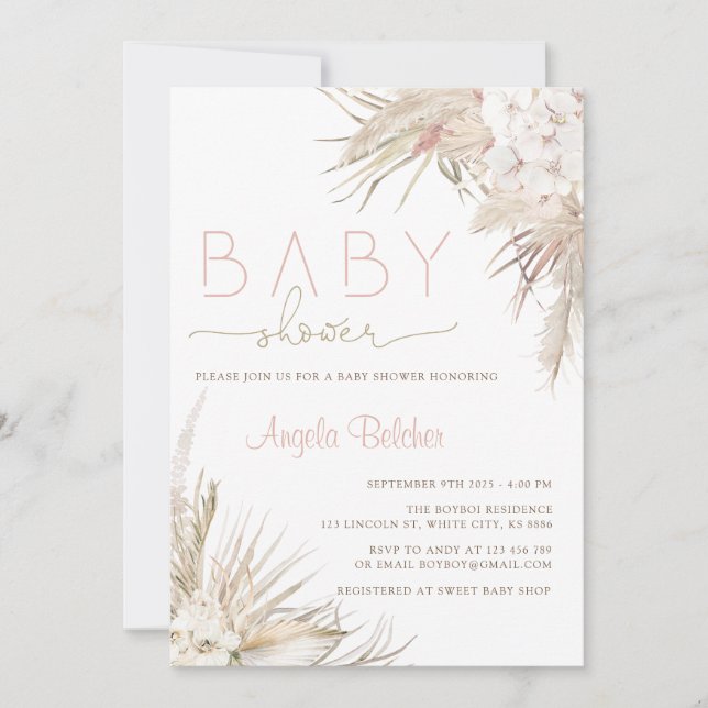 Invitation Pampas rose Grass Boho Bonjour Baby shower (Devant)