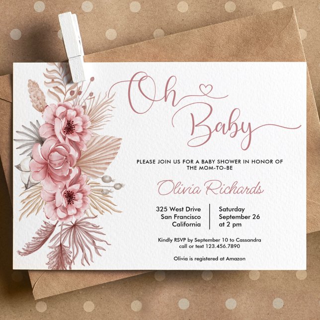 Invitation Pampas rose Grass Boho Oh Baby shower (Créateur téléchargé)
