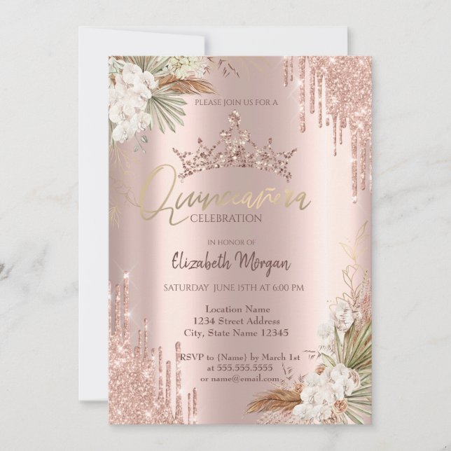 Invitation Pampas Rose Parties scintillant or Couronne Drop Q (Devant)