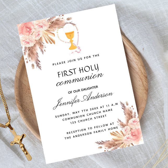 Invitation Pampas rose rougir première communion sainte luxe (Créateur téléchargé)