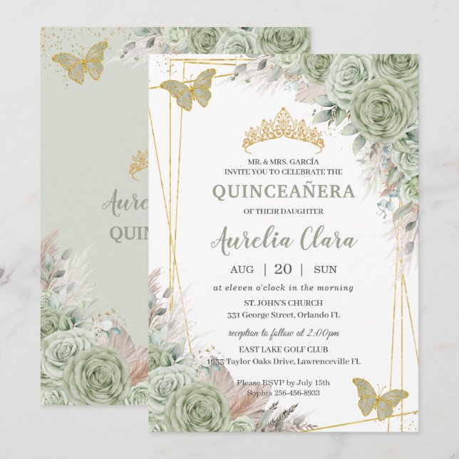 Invitation Pampas Sage Green Floral Papillons Quinceañera (Devant / Derrière)