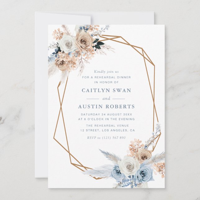 Invitation pampass boho dusty bleu mariage (Devant)