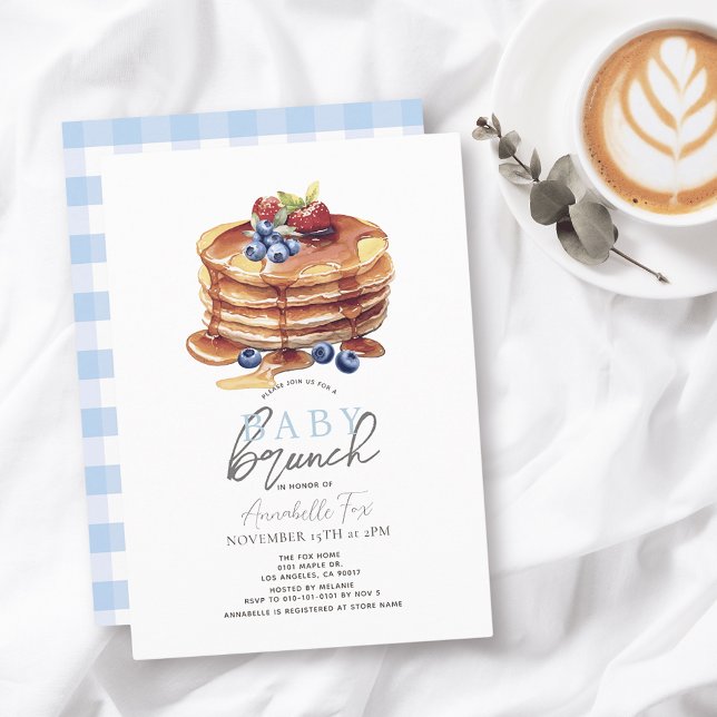 Invitation Pancake Aquarelle Bleu En vichy Garçon Bébé Brunch (Créateur téléchargé)