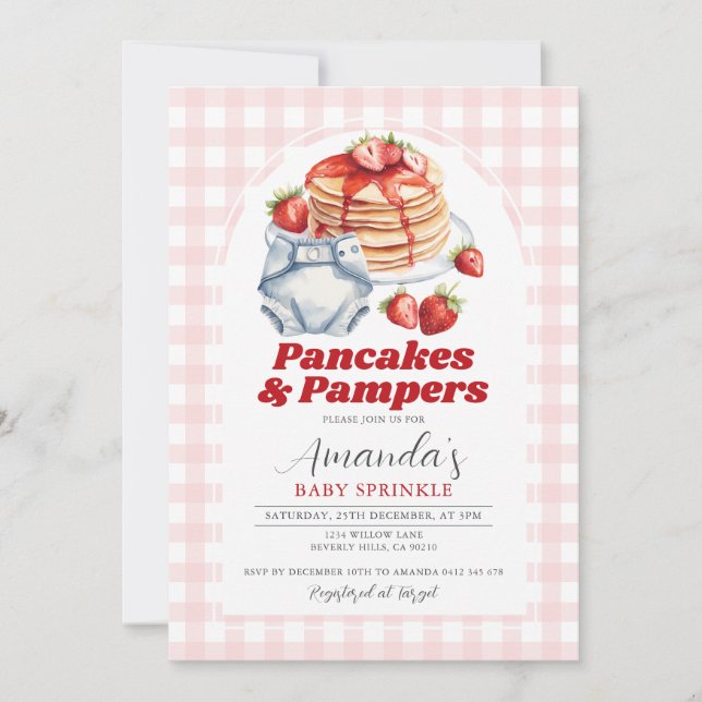 Invitation Pancakes Diaper Baby shower rose En vichy (Devant)