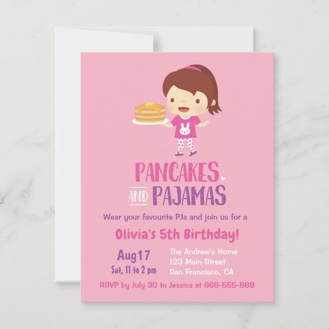 Invitation Pancakes et fillette en pyjama fête d'anniversaire (Devant)