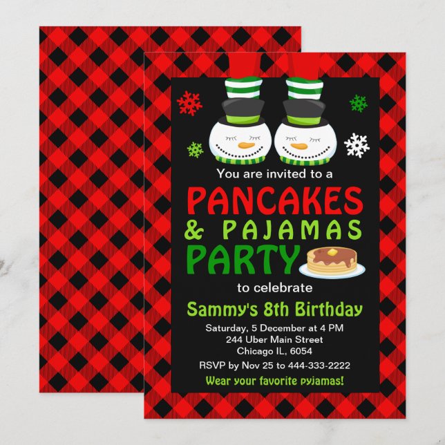 Invitation Pancakes et pyjamas Anniversaire Snowman Red Plaid (Devant / Derrière)