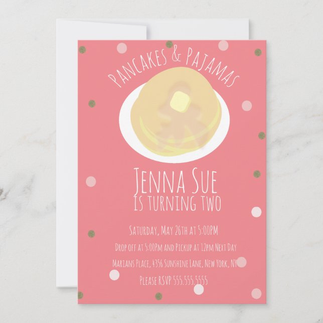 Invitation Pancakes et pyjamas Draps Filles Confetti Rose (Devant)