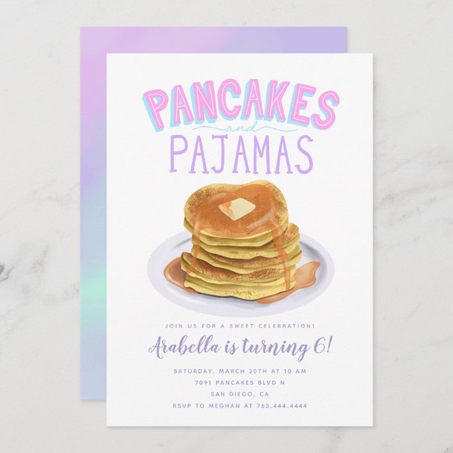 Invitation Pancakes et pyjamas Fête d'anniversaire (Devant / Derrière)