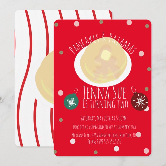 Invitation Pancakes et Pyjamas Soirée Pyjama Filles | Noël (Devant / Derrière)