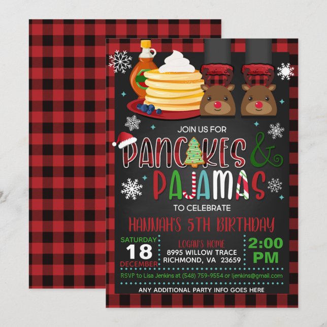 Invitation Pancakes & Pajamas Christmas Anniversaire Invitati (Devant / Derrière)