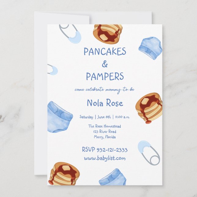 Invitation Pancakes & Pampers baby boy shower (Devant)