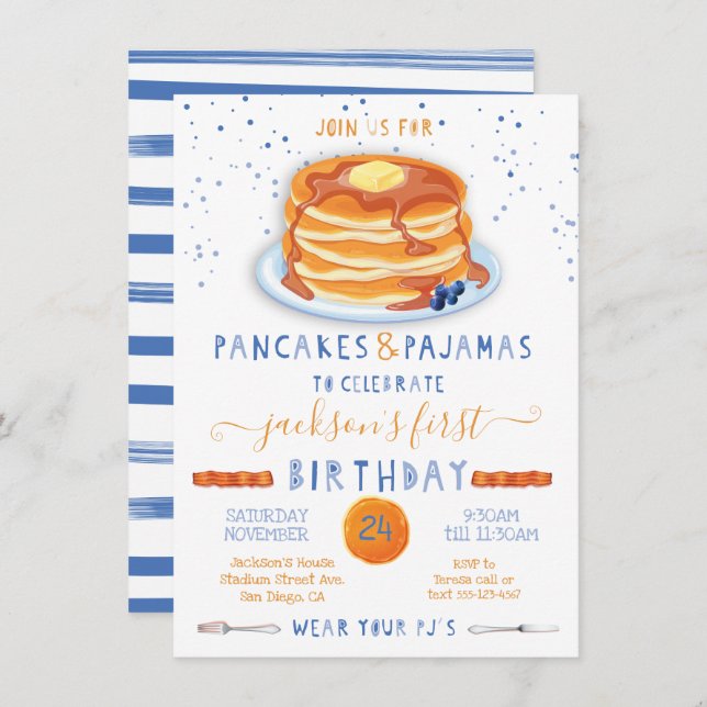 Invitation Pancakes & Pyjamas fête d'anniversaire (Devant / Derrière)