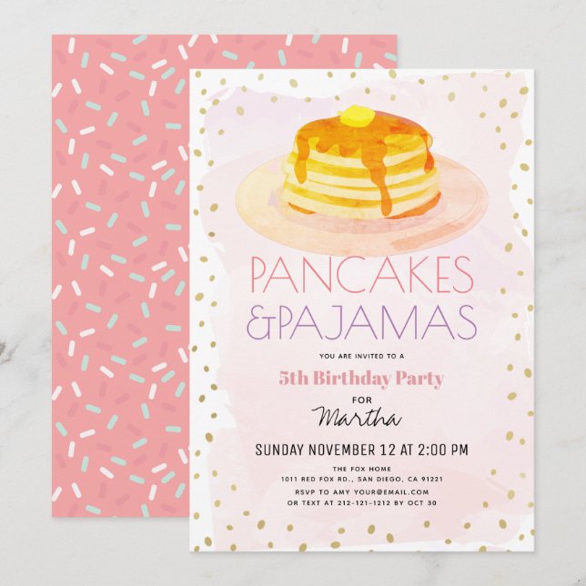 Invitation Pancakes & Pyjamas Pink Gold Girl Anniversaire (Devant / Derrière)