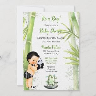 Invitation Panda Bamboo Thème Baby Boy Black White Green