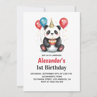 Invitation Panda mignonne avec ballons et gâteau 1er annivers