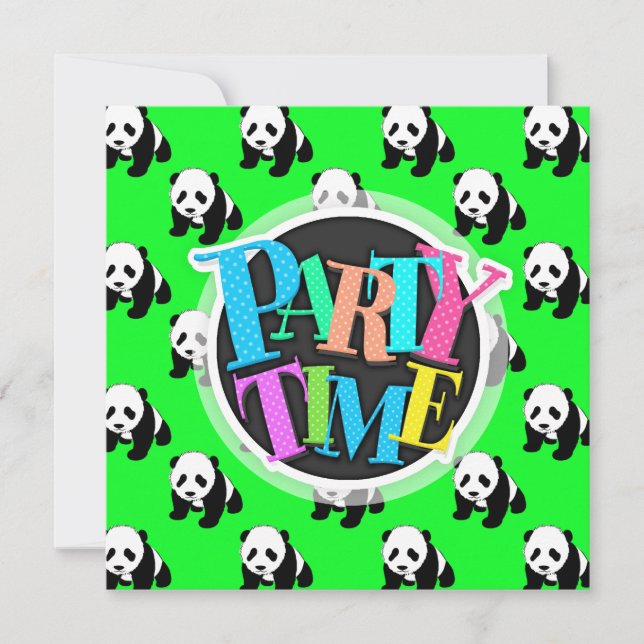 Invitation Panda mignonne ; Vert néon, noir et blanc (Devant)