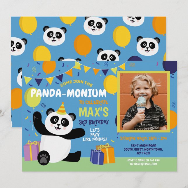 Invitation Panda Party Anniversaire Panda-monium Photo Boy (Devant / Derrière)