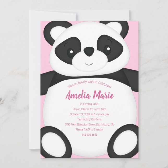 Invitation Panda Rose Bear fête d'anniversaire (Devant)