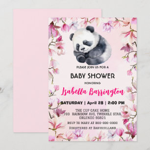 Invitation Panda rose mignonne bébé fleurs baby shower enfant
