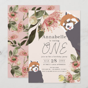 Invitation Panda Rouge rose Fille Florale 1er anniversaire