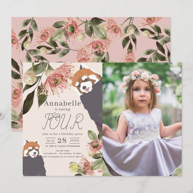 Invitation Panda Rouge rose Fille Florale Photo Anniversaire (Devant / Derrière)
