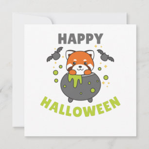 Invitation Panda roux Joyeux Halloween Chaudron Chauve-souris