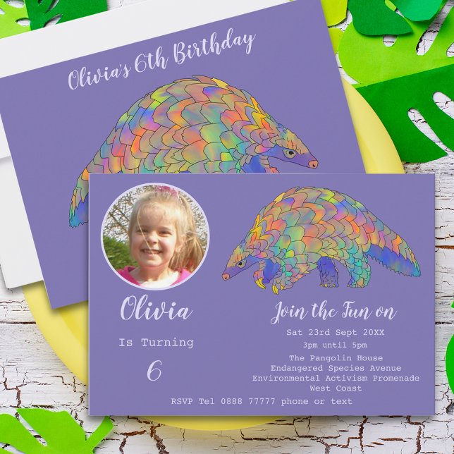 Invitation Pangolin Party Girls 6e anniversaire Photo violet (Cute pangolin 6th birthday party purple invitation photo template colorful watercolor animal art)