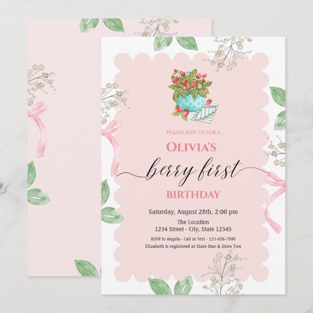 Invitation Panier aquarelle fraise Feuilles 1er Anniversaire  (Devant / Derrière)