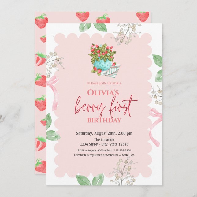 Invitation Panier d'aquarelle Fraises 1er anniversaire (Devant / Derrière)